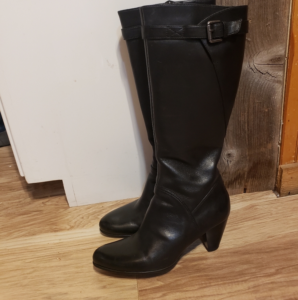 Ecco Tall Black Heeled Boot Zip Up Side Buckle Detail Size Eu 37 US Size 6.5-7